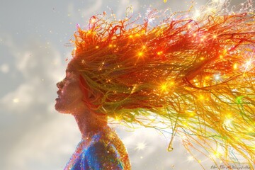 Canvas Print - Futuristic fusion of human and nature with glowing hair symbolizing advanced AI cybernetic technology and natural integration in a high tech environment