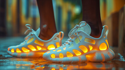 Futuristic white sneakers glowing brightly with their unique and stylish yellow illuminated design