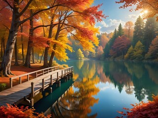 Wall Mural - A serene autumn landscape with colorful fall leaves, a calm lake reflecting the vibrant trees, a wooden bridge crossing over the lake, warm sunlight filtering through the foliage, fantasy style 