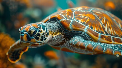 Wall Mural - Colorful sea turtle swimming in blue water, with a blurred coral reef background