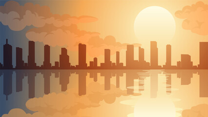 Wall Mural - Landscape illustration of city in summer with sea reflection