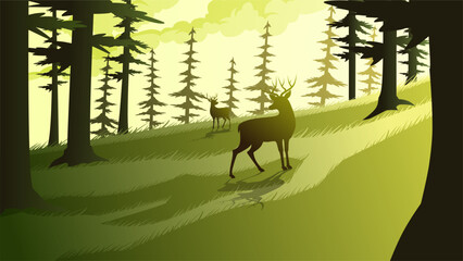 Poster - Landscape illustration of deer silhouette in the forest at sunrise