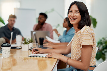 Poster - Portrait, woman and smile in office for meeting, team or development for project at desk. Happy, confidence and designer or people in creative agency for planning, small business and support or group