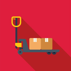 Poster - Pallet jack is transporting boxes in a warehouse, representing efficient supply chain management and logistics operations