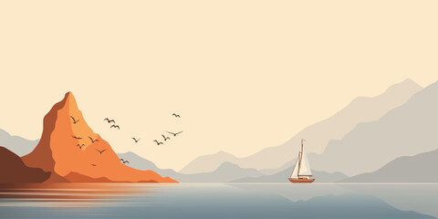 Sticker - Minimalistic seascape, sea sunset, yacht and rocky island, vector illustration	