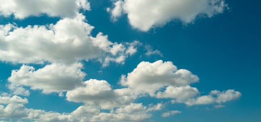 Calm heaven clouds, summer season outdoor. Cloudy sky. Vivid cyan blue sky with clouds in environment day horizon skyline view. White clouds on soft sky background. White cloudy sky.