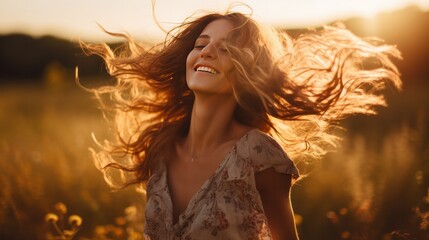 Wall Mural - A beautiful girl sits on a grassy hill, her eyes closed and a serene smile on her face, enjoying the gentle breeze and sunlight