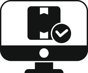 Sticker - Simple icon showing a computer with a parcel and a check mark, representing an online order delivery confirmation