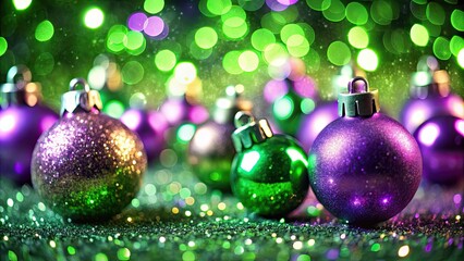 Abstract blurred green and purple glittering shine bulbs lights in Christmas decorations, glitter, shine, bulbs, lights