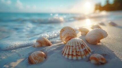 Canvas Print - Seashells on a Sandy Beach at Sunset