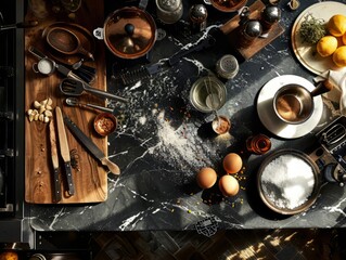 Wall Mural - Kitchen Countertop with Cooking Utensils, Ingredients, and Spices