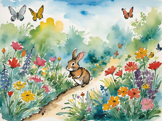 Wall Mural - Cute rabbit in the garden with flowers and butterflies