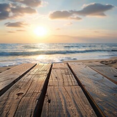 Wall Mural - Rustic wooden table on a beach at sunrise, soft light illuminating the scene, Realistic, Soft and Warm