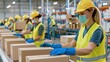 © Moopingz - Warehouse employees wearing protective gear packing boxes on a conveyor belt, highlighting industrial efficiency and workplace safety.