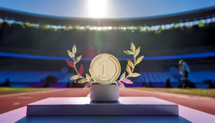 Golden Glory Awaits: A solitary gold medal, adorned with delicate leaves, takes center stage on a podium, bathed in the warm glow of the stadium lights, symbolizing the pinnacle of athletic achievemen