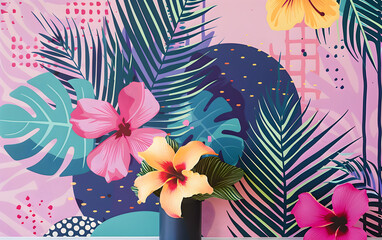 Wall Mural - **floral vaporwave Memphis pattern repeating tile