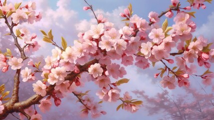 Poster - Delicate Pink Cherry Blossoms Under a Cloudy Sky