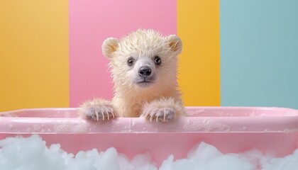 Wall Mural - Polar bear peeking over pastel bright background. 