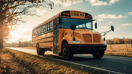 Yellow school bus, symbol of childhood journeys, safely transports students to and from education