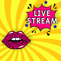 Wall Mural - Comic book explosion with text live stream, vector illustration. Vector bright cartoon illustration in retro pop art style. upcoming events in pop art style.live stream. Creative poster, web bann