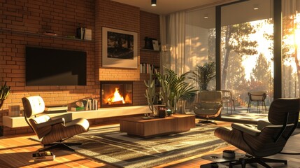 Wall Mural - Modern Living Room with a Cozy Fireplace and a View