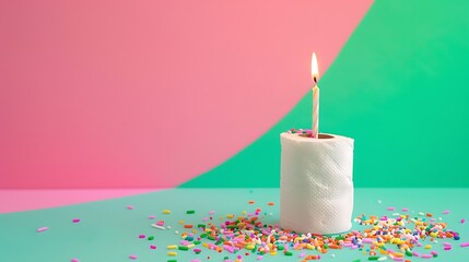 Wall Mural - candy sprinkles and birthday candle in white toilet paper roll on green and pink background