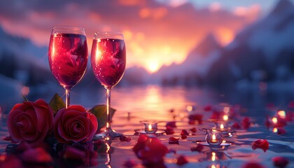 Poster - Rose Wine and Mountain Sunset