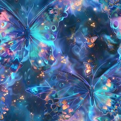 Poster - Abstract Colorful Butterflies with Glowing Wings Against a Blue Background