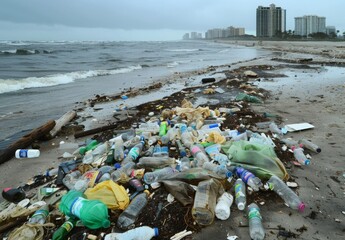 Wall Mural - A polluted beach littered with plastic bottles, bags, and other trash washed ashore