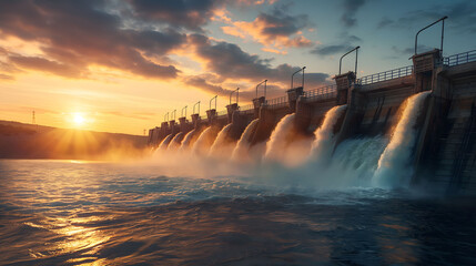 Wall Mural - Majestic Hydroelectric Dam Overflowing at Golden Hour