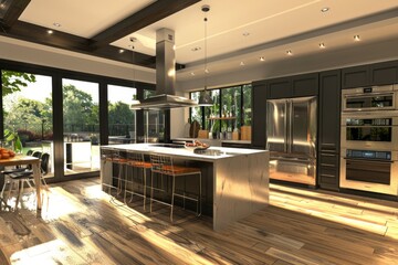 Canvas Print - Modern Kitchen Design with Sunlit Hardwood Floors