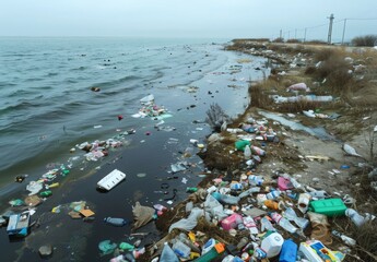 Wall Mural - A wide shot of a polluted coastline with trash and oil slicks in the water