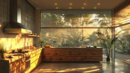 Wall Mural - Modern Kitchen with Sunlight Streaming through Large Windows