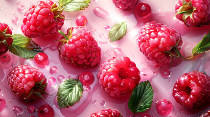 Wall Mural - Fresh ripe raspberries with leaves on pink background, top view