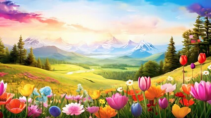 Sticker - Beautiful spring landscape with colorful flowers and mountains at sunset