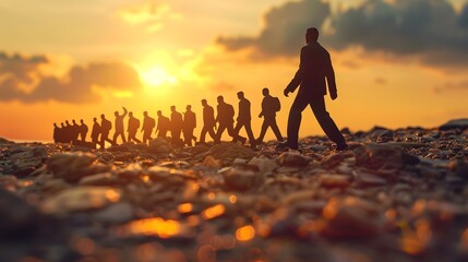 A group of people are hiking up a mountain