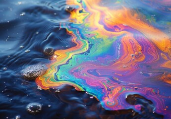 Wall Mural - A close up of an oil spill on the water surface, with rainbow colored slicks