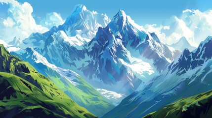 Wall Mural - Majestic Mountain Range with Snowy Peaks and Lush Green Valley