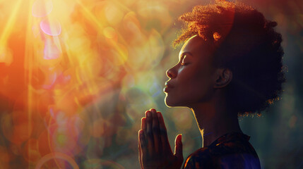 Spiritual black woman in prayer, concept of deep faith and devotion.