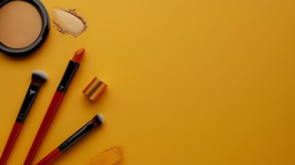 Sticker - Makeup Brushes, Lipstick, and Compact Powder on Yellow Background