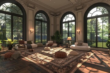 Wall Mural - Spacious Sunlit Room with Arched Windows and a Luxurious Rug