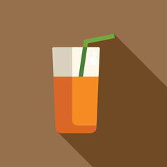 Poster - Refreshing glass of orange juice with a straw is casting a long shadow on a brown background