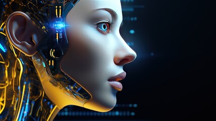 Side view of a humanoid head with blue and yellow eyes and vibrant neon neural network, representing futuristic technology and artificial intelligence. Generative AI.