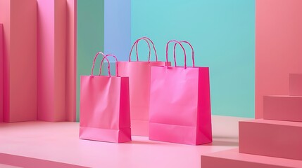 Pink paper shopping bags isolated on colorful background