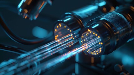 a close up of two glowing tubes with a blue background