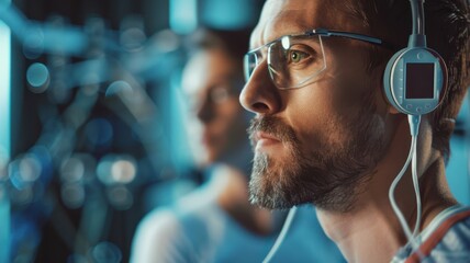 Wall Mural - A man wearing glasses and headphones is looking at a computer screen