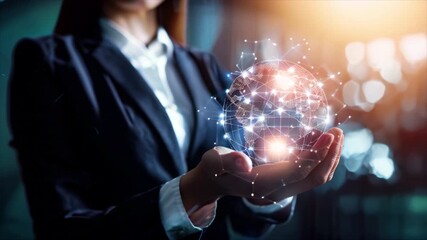 Businesswoman holding global structure networking and data exchanges customer connection. Customer relationship management. Client service, digital marketing and social network