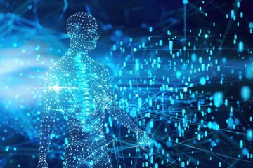 A digital human figure interacts with a network of glowing blue lines and binary code