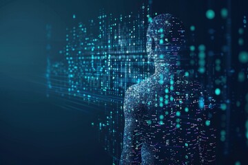 A digital human figure composed of code and data particles emerges from a stream of data