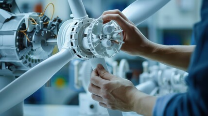 A man is working on a propeller, fixing it with his hands